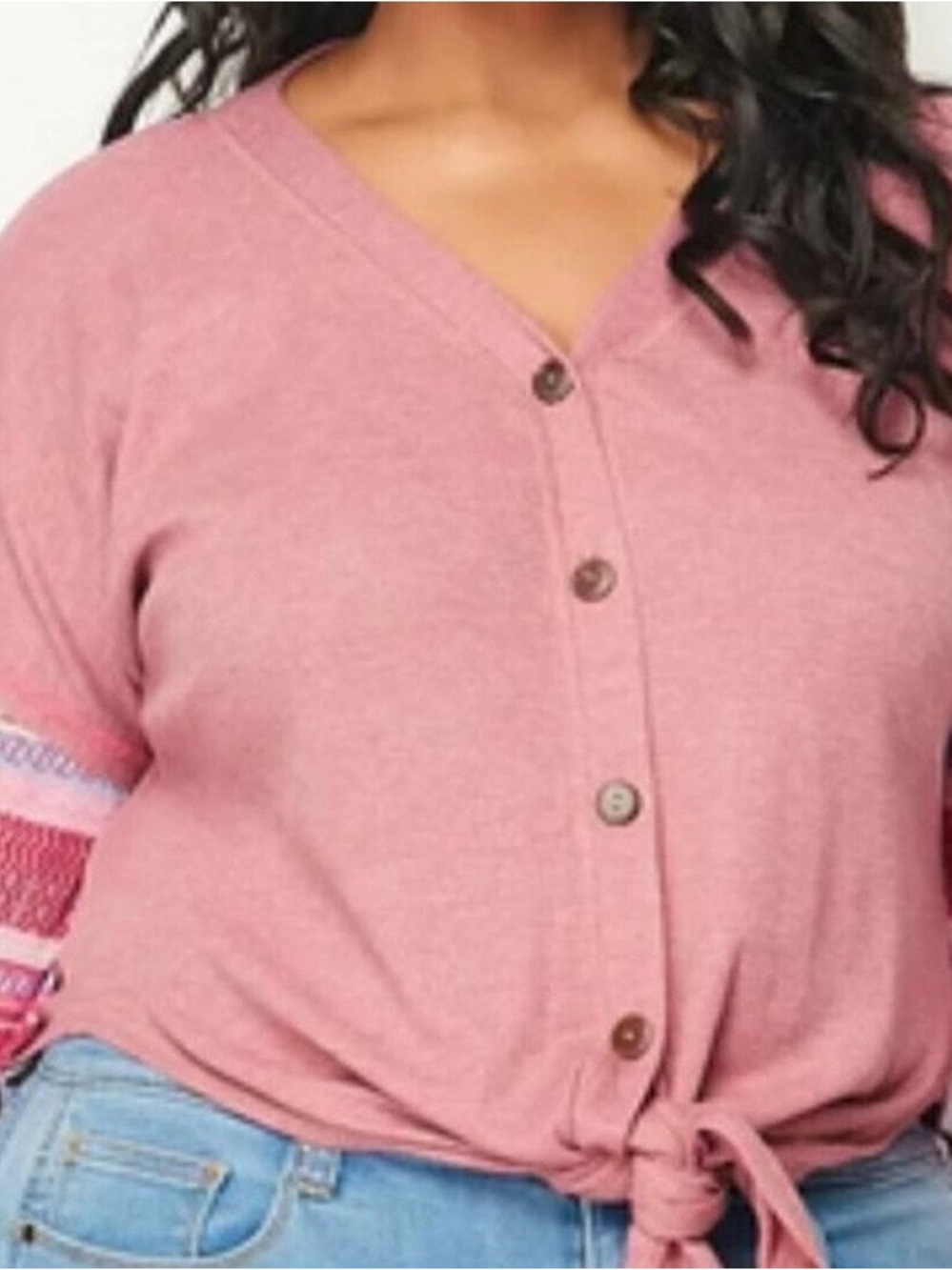 NWT Baea Size 2x Boho Mixed Cardigan Top Thin Lightweight V-neck Tie Hem Pink